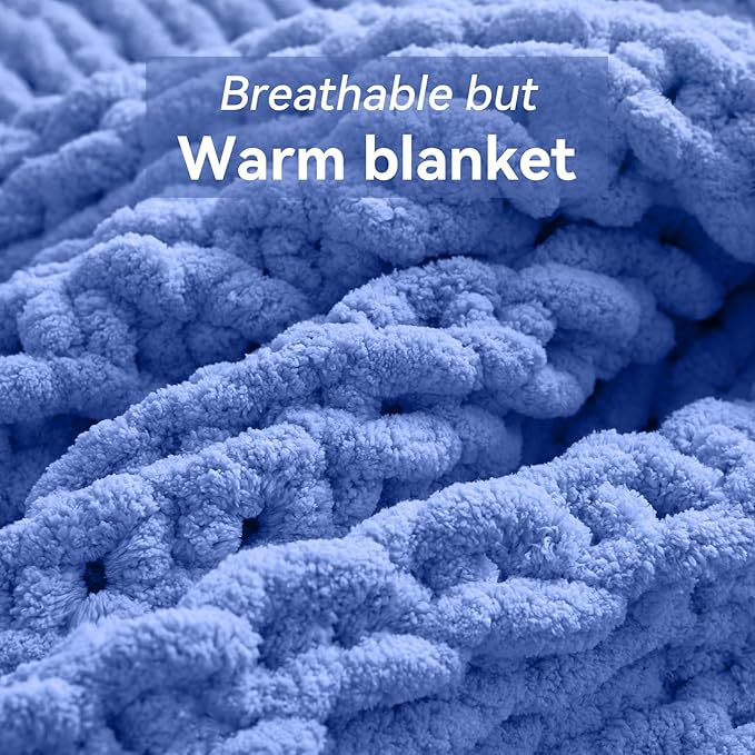 Chunky Knit Throw Blanket, 80''*90'' Knitted Throw Chenille Yarn for Bed Couch, Handmade Light Blue Crochet Big Thick Blanket, Machine Washable Cute Comfy Blanket for Home Decor