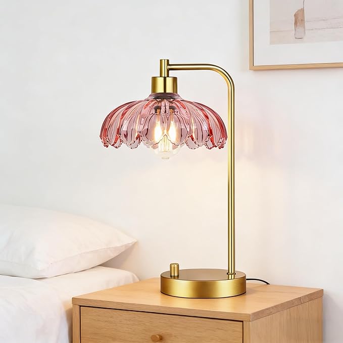 Pink Table Lamp Set of 2,Small Gold Bedside Lamps Dimmable Boho Bedroom Lamp with Tulip Flower Glass Lamp Shade,Vintage Mid Century Modern Mini Nightstand Lamp for Bedroom Living Room