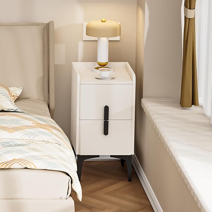 VICITON Narrow Nightstand with 2 Drawers, Narrow Side Table Leather Surface, Slim Bedside Table for Bedrooms, Dormitories, Living Rooms (Cream White, 15.7" D x 11.8" W x 22.4" H)