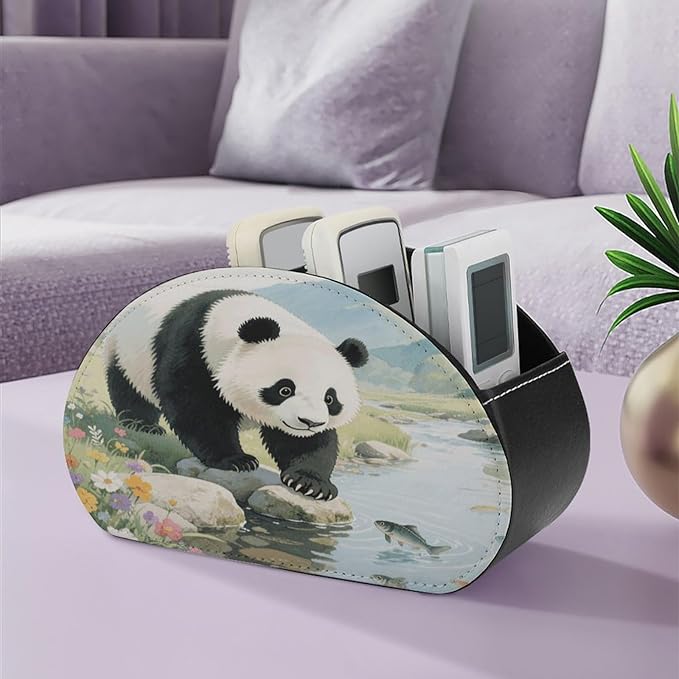 Panda Playful Fish Remote Control Holder Organizer Box with 5 Compartment PU Leather Bedside Storage Caddy Remote Organizer for Controller Media Player Pen/Pencil Storage