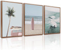 CHDITB Beach Framed Canvas Wall Art Set Of 3, Coastal Wall Decor, Ocean Wave Wall Painting, Palm Tree Seaside Artwork Surfboard Art Prints For Living Room Or Bedroom (12X16 Inch)