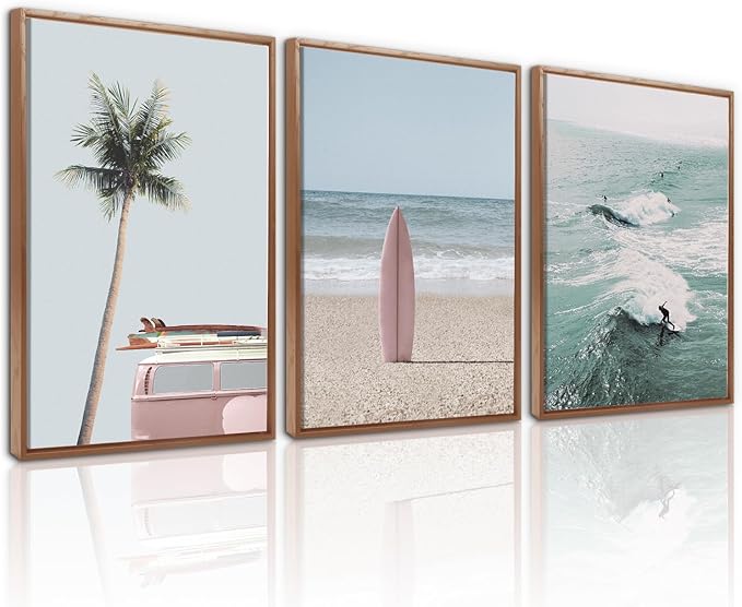 CHDITB Beach Framed Canvas Wall Art Set Of 3, Coastal Wall Decor, Ocean Wave Wall Painting, Palm Tree Seaside Artwork Surfboard Art Prints For Living Room Or Bedroom (12X16 Inch)