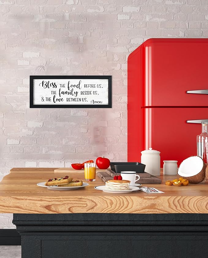 Bless the Food Before Us Wall Decor: Christian Bible Verse Wall Art Farmhouse Kitchen Dining Room Wall Decor Framed Small Plaque with Sayings - The Family Beside Us and The Love Between Us Signs