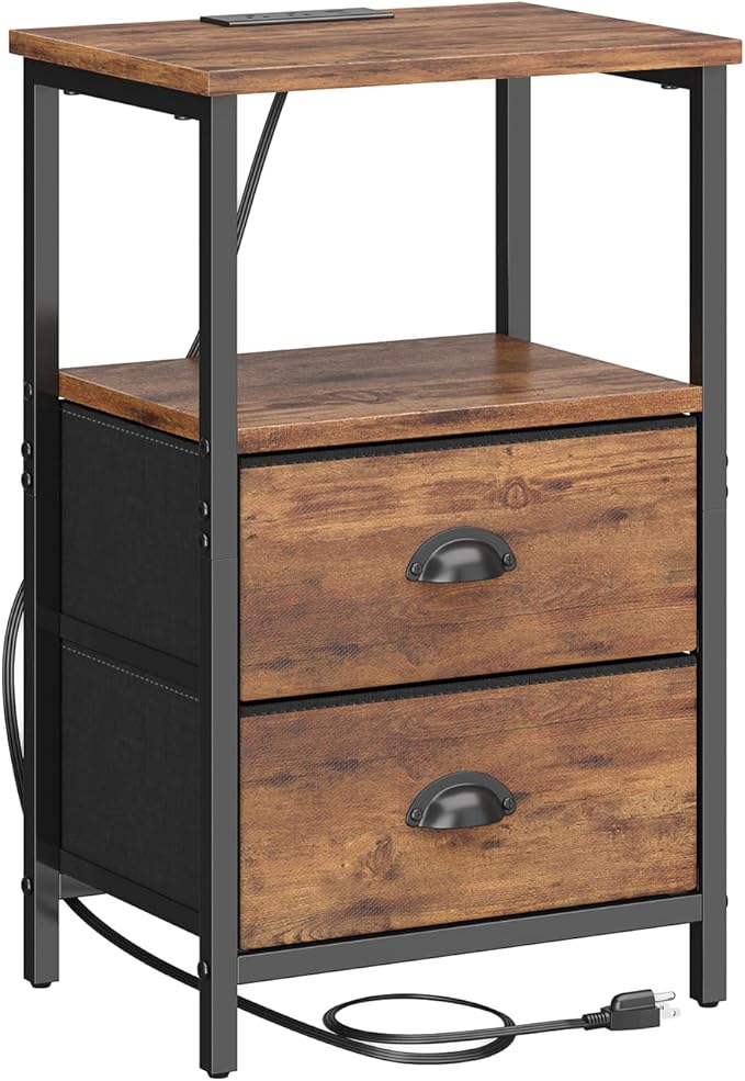 Nightstand with Charging Station, Night Stand with 2 Fabric Drawers, Bedside Table End Table with LED Light, 3-Tier Storage Side Table Nightstand with Drawers for Bedroom,Rustic Brown