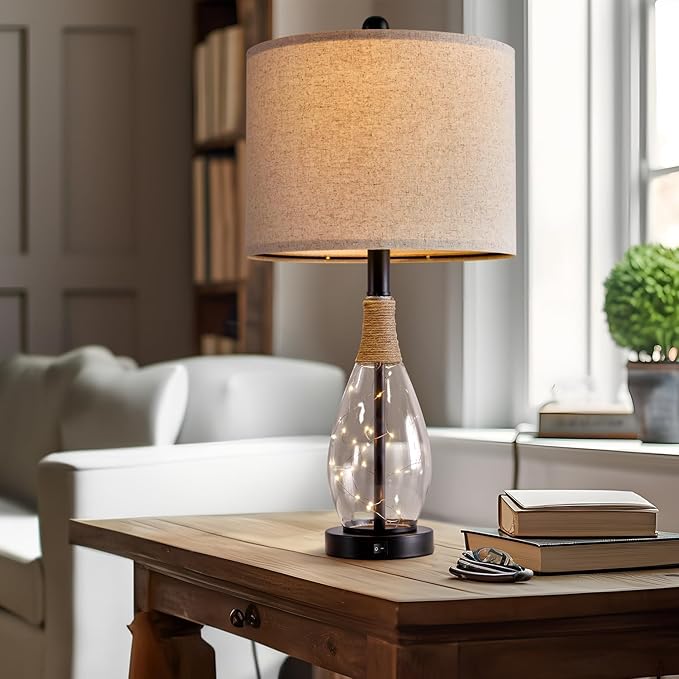 OYEARS Bedside Table Lamp with USB, 23‘’ Black Farmhouse Nightstand Lamps for Bedroom, Retro Rattan Table Lamps for Night Stands, Living Room, Farmhouse Table Lamp with Glass Nightlight Lamps