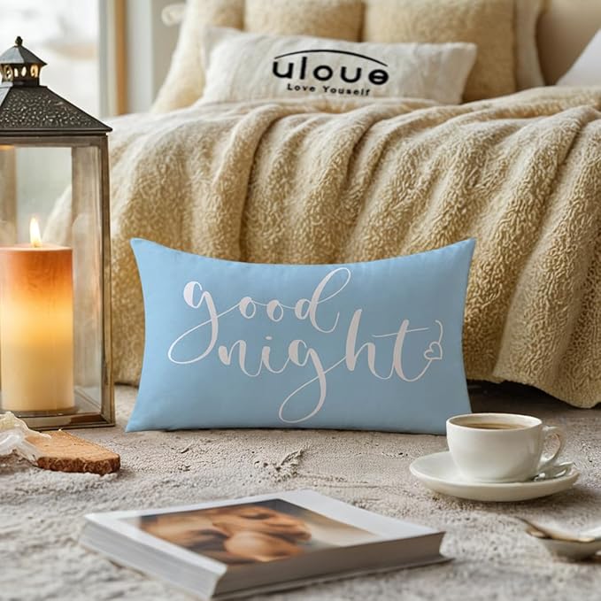 Bedding Decorative Lumbar Pillowcases Sweet Dreams Good Night Cushion Covers Sleep Themed Throw Pillow Covers 12''x20'',2Pack Super Soft for Bedroom Guest Room Housewarming Gifts (Light Blue)