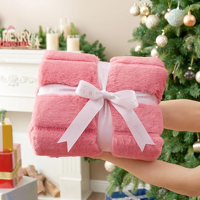 Cozy Bliss Deluxe Sheared Rabbit Faux Fur Throw Blanket, Soft Fuzzy High-Low Sculpted Plush Blanket for Couch, Cozy Home Accent, All Season Use, Pink 90"x90"