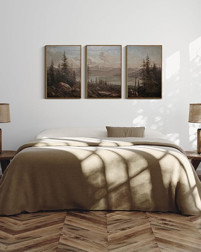 VIYYIEA Large Framed Canvas Wall Art, 3 Pcs, Living Room Vintage Landscape Decor, Nature Wall Art Bedroom Above Bed Decor, Country Retro Pictures, 16x24inch, Set of 3