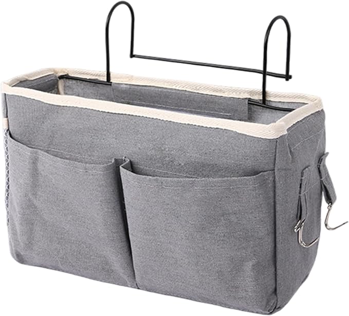 Bedside Storage Organizer, 11x4x7.5 Large Capacity Cotton and Linen Bedside Caddy with Pockets & Hooks, Hanging Storage Bag for Headboards/Bunk Bed, Caddy