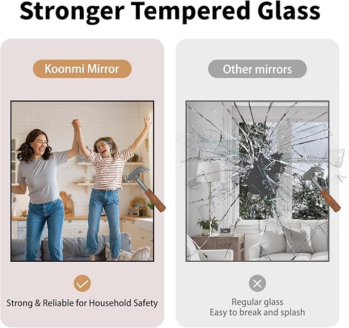 Koonmi Black Framed Bathroom Mirror - Shatterproof 32"x28" Tempered Glass, HD No Distortion, Horizontal/Vertical Mount, Modern Matte Aluminum Alloy Frame