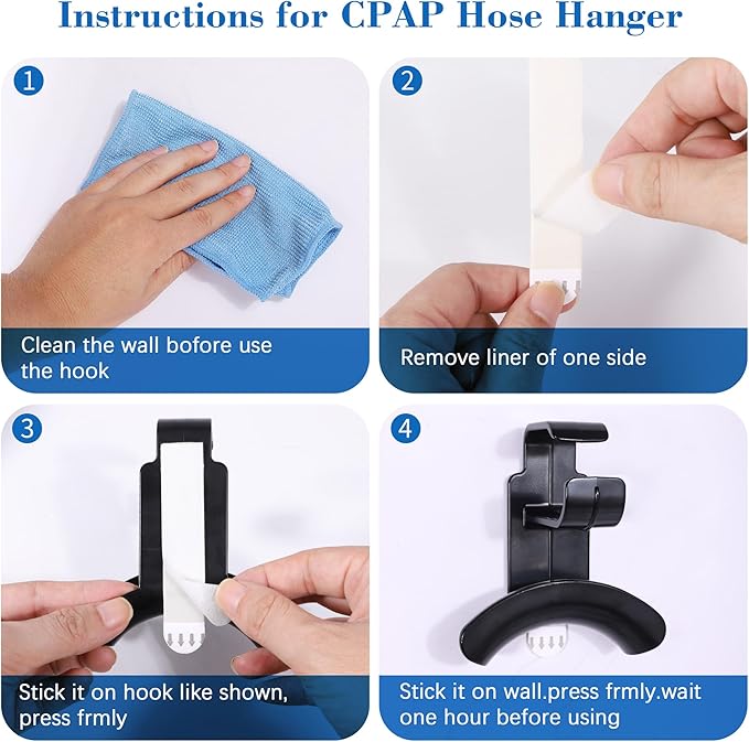 2 Pack CPAP Hose Holder for Bed, CPAP Tube Holder Compatible with CPAP Hose & Headgear Storage, Bedside CPAP Hook for CPAP Organization with 4 Removable Strips（2 Black）