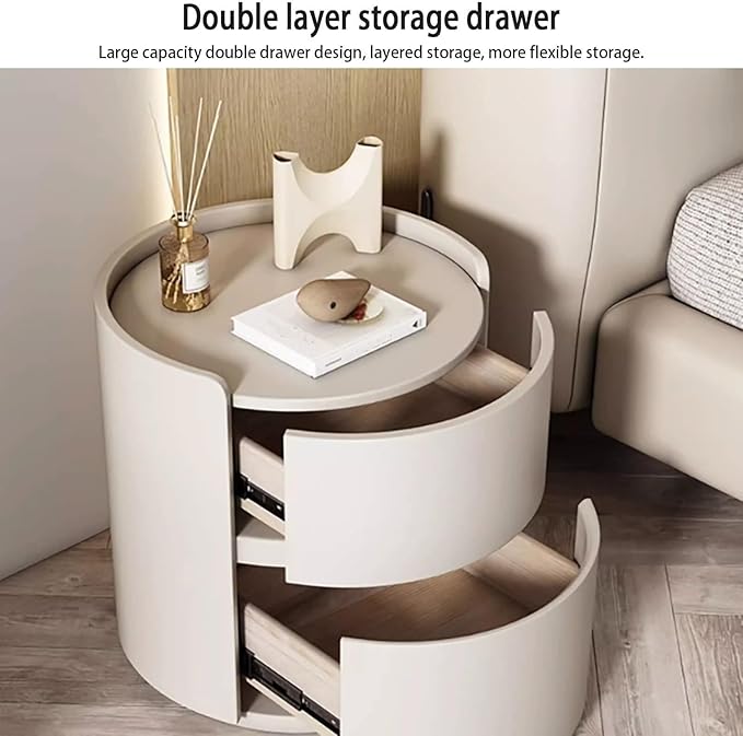 Round Nightstand, Modern End Table Minimalist Bedroom Side Table, Bedside Table with 2 Storage Drawers, Leather Night Stands for Living Room(Beige,15.8x15.8x19.7in)