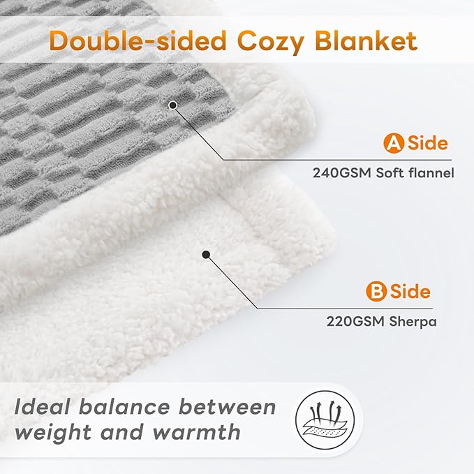 Sherpa Throw Blanket for Couch Flannel Cozy Soft Thick Blanket Warm Twin Blanket for Bed Fleece Home Decor Gifts, Z01 - Light Grey, 60"*80"