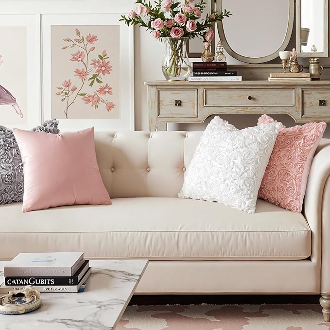 MIULEE 3D Rose Flower Pillow Cover Decorative Spring Floral Romantic Stereo Chiffon Aesthetic Solid Pillowcase for Girl Bedroom Living Room Decor 12x12 Inch Peach Pink