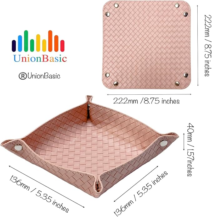 UnionBasic Small Valet Tray, Jewelry Tray for Rings Watches Earrings, Entryway Catchall Caddy for Coins Keys Change, Nightstand Bedside Valet Holder, Trays for Electronic Gadgets, Woven Pink