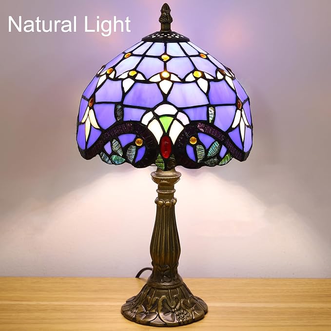 Tiffany Style Table Lamp, Blue Baroque Style Stained Glass Lamp, 8 Inch Small Antique Lamp, for Bedside Nightstand Bedroom Living Room Home Office, Include LED Bulb