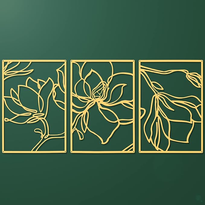 Taiyin 3 Panels Metal Flowers Wall Decor Modern Abstract Nature Floral Line Wall Sculpture Minimalist Decor Metal Home Hanging Wall Art for Home Bedroom Above Bed Wall Decor, 11.8 x 17 Inch (Gold)