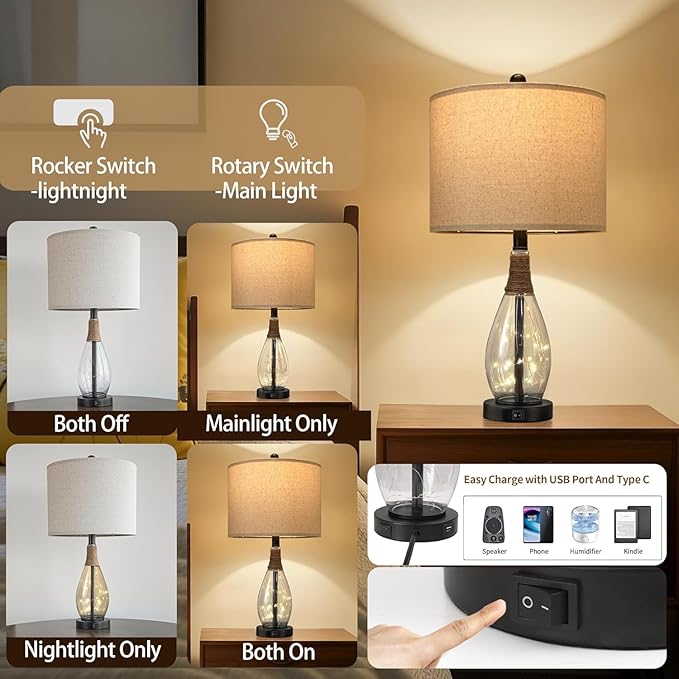OYEARS Bedside Table Lamp with USB, 23‘’ Black Farmhouse Nightstand Lamps for Bedroom, Retro Rattan Table Lamps for Night Stands, Living Room, Farmhouse Table Lamp with Glass Nightlight Lamps