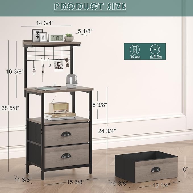 Tall Nightstands with Charging Station, LED Night Stand Bedsides with 2 Fabric Drawers,Hooks,USB Port and Open Storage Shelves,Tall End Table Bedside for Bedroom,Office, Grey