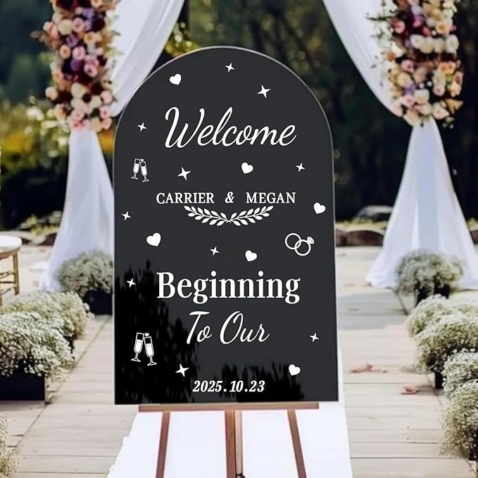 HLNIUC Welcome To Our Beginning Mirror Stickers Double-Sized,Removable Letters Number Wall Decal,Bride And Groom Names Decals,Personalized Wedding Mirror Sticker for Window Sign Marriage Decoration