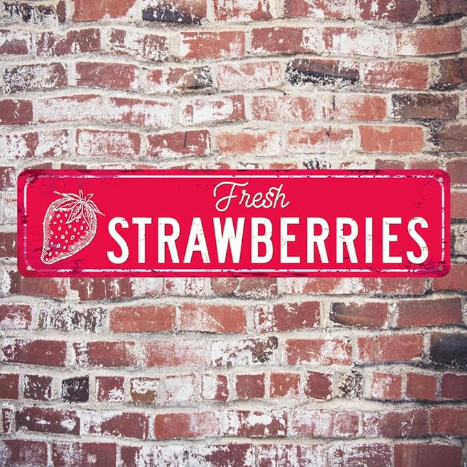 Strawberry Sign Vintage Metal Tin Sign Fresh Strawberries Signs Farmers Market Decor Home Kitchen Cottage Farm Art Plaque Wall Decoration 16x4 Inches