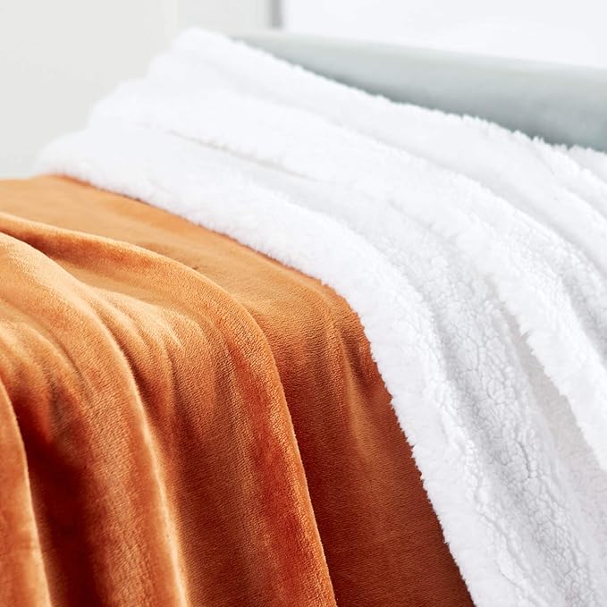 Genteele Sherpa Throw Blanket Super Soft Reversible Ultra Luxurious Plush Blanket, 102 x 90 inches, Burnt Orange/White