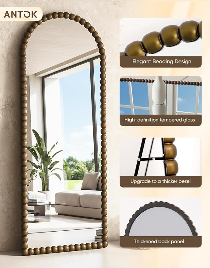 Antok 57" x 21" Arched Full Length Mirror, Antique Beaded Frame Floor Standing or Wall Mounted Mirror with Stand for Bedroom, Entryway, Bronze, Luxury Style