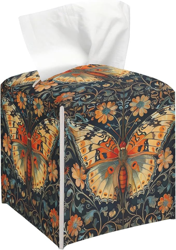 Vintage Butterfly Tissue Box Cover, Flora Tissue Holder Square with Bottom Belt for Home Bathroom Office Vanity Countertop, Housewarming Gifts Ideas for Women Friends Mom Bestie -12