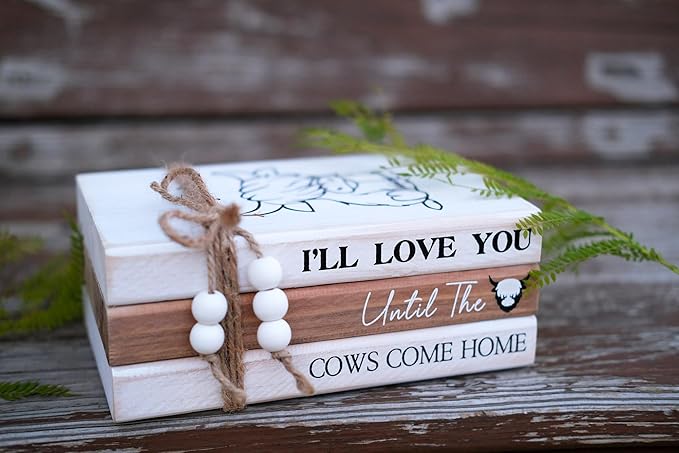 LIVDUCOT Highland Cow Wood Book Stacks Decor - Rustic Farmhouse Decorative Books Sign for Home Coffee Table Mantle Fireplace Shelf Decorations - I'll Love You Until the Cows Come Home 7.5x5x3'