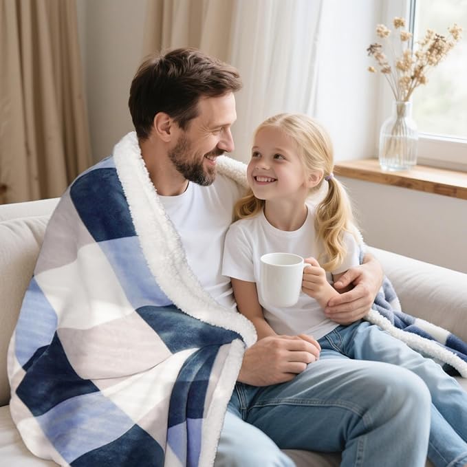 Sherpa Fleece Throw Blanket for Couch, Fluffy Plush Warm Fuzzy Blanket for Women and Men, Cozy Thick Soft Twin Blanket for Bed, Gray-Soft Blue, 80x90 Inches