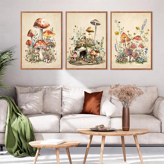 CHDITB Vintage Mushroom Framed Canvas Wall Art Set Of 3, Magic Mushrooms Wall Decor, Nature Botanical Floral Painting, Colorful Fungi Aesthetic Art Prints for Dining Room Bedroom Decor 12x16 inch