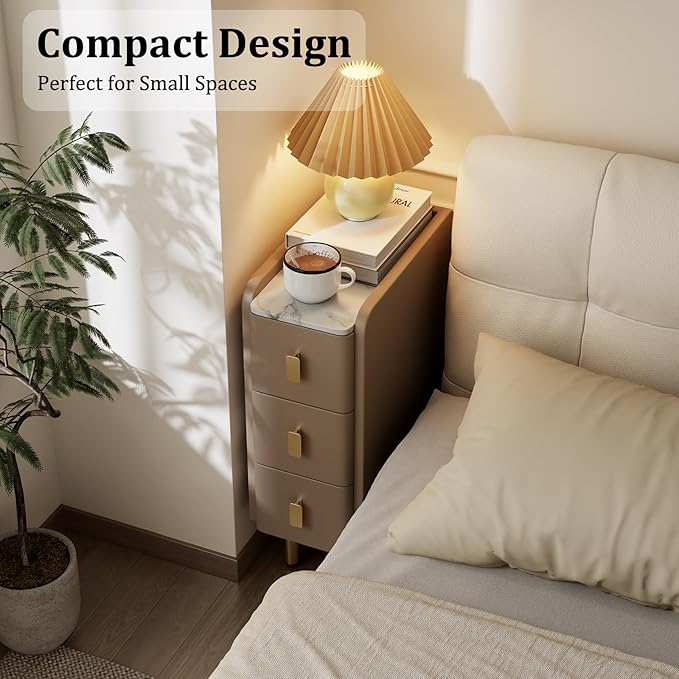 AQIMUELE Narrow Nightstand with Drawers, Narrow Side Table Leather, Small Bedside Tables for Bedroom. (Beige)