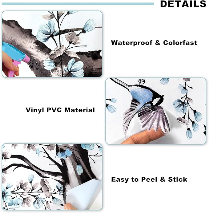 Blue Cherry Blossom Wall Stickers, Spring Watercolor Blue Flower Tree Wall Decals Bird Butterfly Peel and Stick Wall Murals Decor for TV Background Living Room Bedroom (Ink Blue)