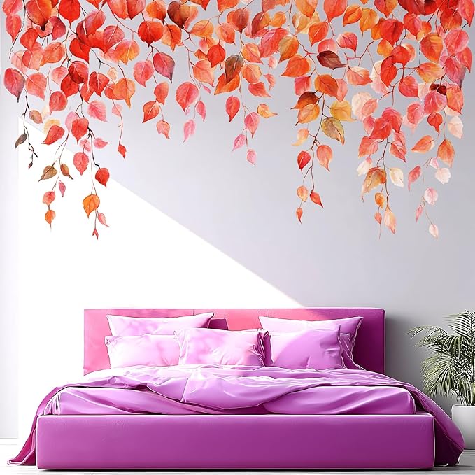 Autumn Leaves Wall Decals Peel and Stick, Large Leaves Vines Vinyl Wall Stickers, Removable Vine Home Decor Art for Bedroom Living Room Classroom Office