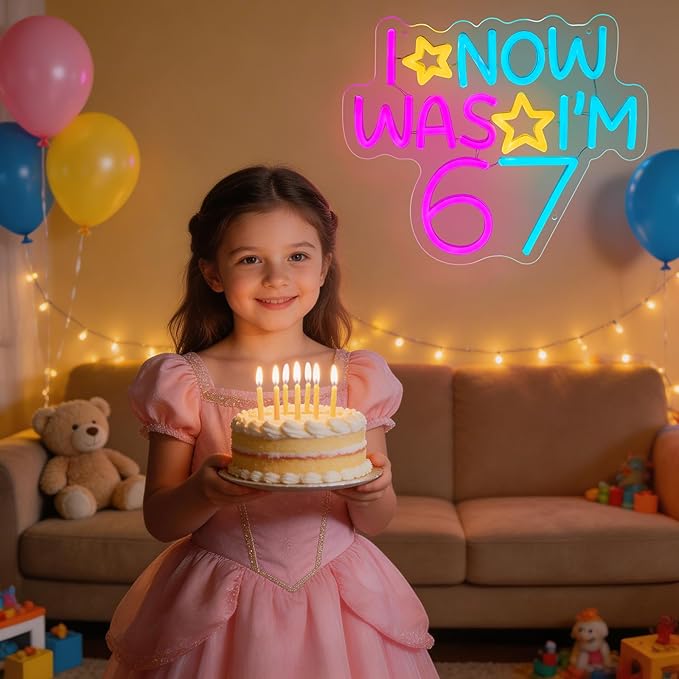 6 7 Birthday Decorations Neon Sign I WAS 6 NOW I'M 7 Neon Light for Wall Art Decor,Boy Girl 7 Years Old,Dimmable LED Lights for Bedroom Party Background Decoration Birthday Gifts