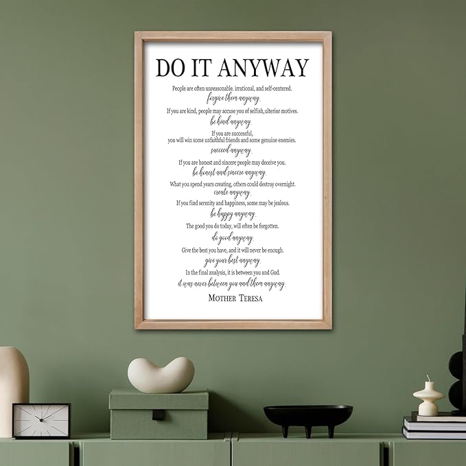 comurdyo Do It Anyway Wall Decor 24"x16" Mother Theresa Quotes Inspirational Sign Bible Verse Christian Motivational Modern Bedroom Vintage Wood Framed Farmhouse Wall Hanging Art (Wood)