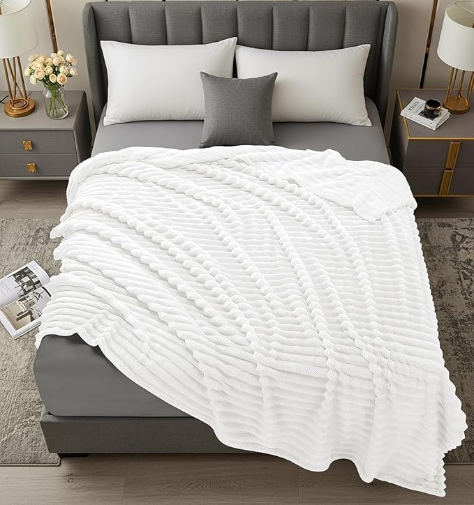 Utopia Bedding Off White Striped Fleece Blanket Queen Size – Fluffy, Warm & Lightweight Ribbed Throw for Bed, Sofa & Chair - Soft Cozy Blanket for Home Décor & Gifting (90x90 Inches)
