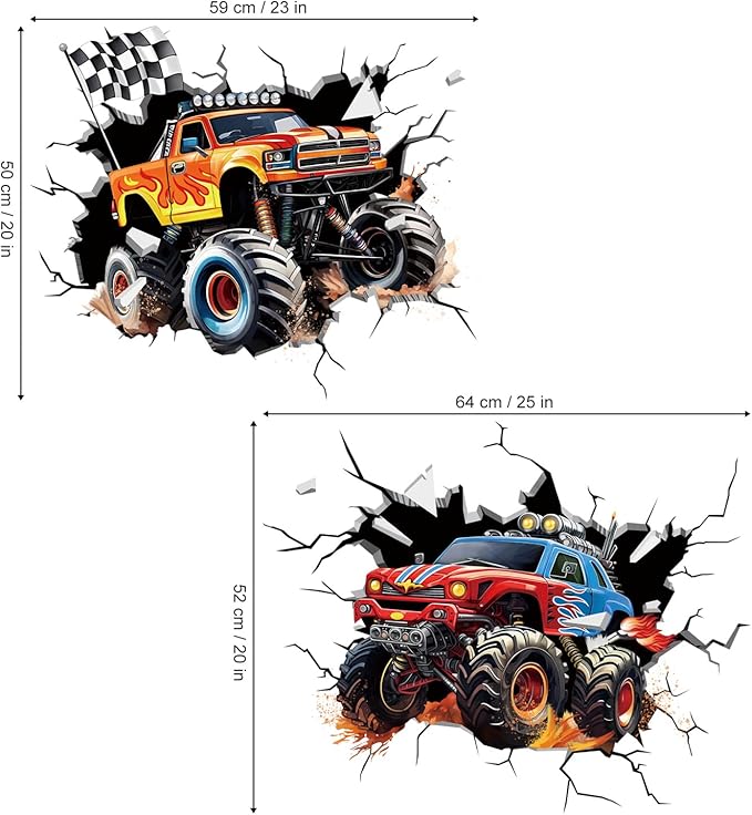 decalmile 2 Large 3D Racing Cars Wall Decals Trucks Break Through Wall Stickers Boys Bedroom Kids Room Playroom Wall Decor