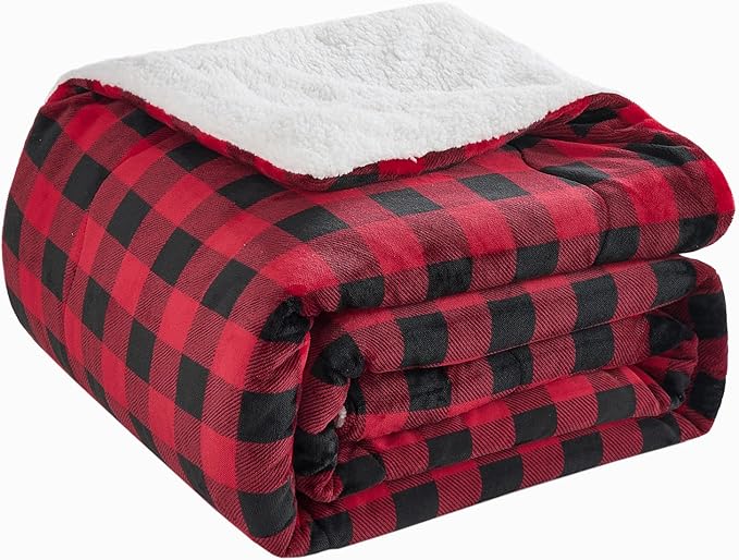 CHOSHOME Sherpa Fleece Blanket- Thick Warm Blanket for Winter, Soft Fuzzy Plush Blanket for Bed, Couch, Travel (Checker Red, King 90" x 108")