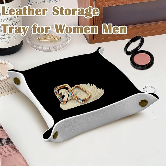 Vintage Swan Leather Jewelry Valet Tray, Antique Classical Elegant Swan PU Leather Catchall Beside Caddy Nightstand Organizer Tray for Jewelry Rings Watches Keys and Accessories, 7.8x7.8inch