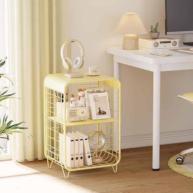 APEXCHASER Cute Nightstand,Metal Side Table,3-Tier Modern End Table with Storage, Small Coffee Tables for Small Spaces,Coffee Table for Living Room, Bedroom,Dorm,Yellow