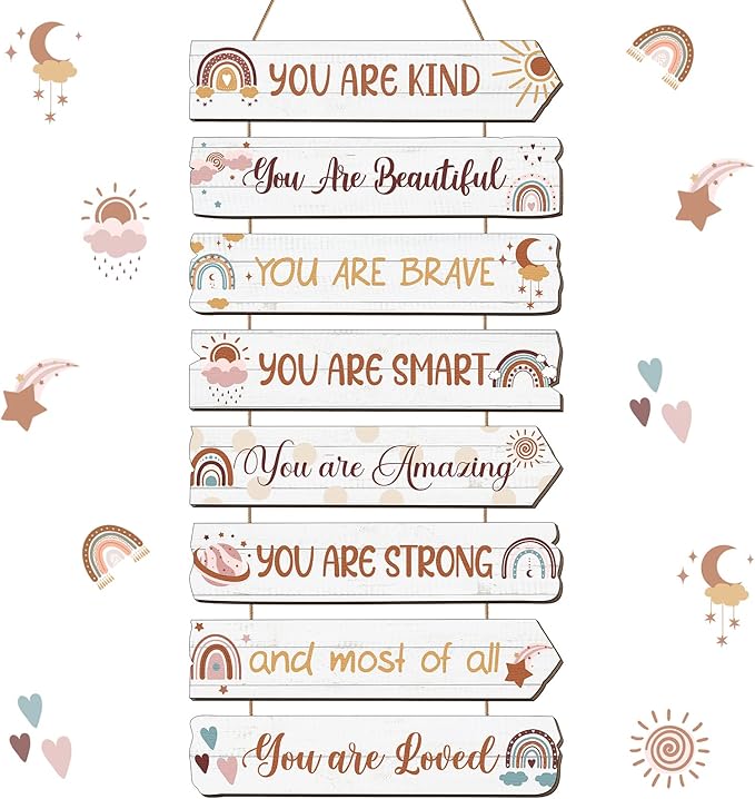 Inspirational Girl Room Decor Aesthetic Art Wall Hanging Sign Inspiring Colorful Rainbow Wooden Decoration for Kids Teens Toddler Boy Baby Bedroom Nursery Dorm Decor, 6-12 Years old (Boho)
