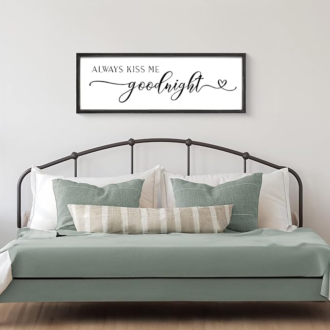 Always Kiss Me Goodnight Wall Sign 42''×15'' Large Above Bed Wall Decor Bedroom Sign Bedroom Decor with Solid Wood Framed, Couples Love Theme Wall Decor (Black)