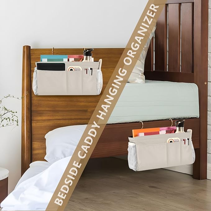 DOMIKING Beige Bedside Caddy for Dorm Bed Recliner Armrest Organizer with Hooks Haning Holders for Phone Magazine Tablet