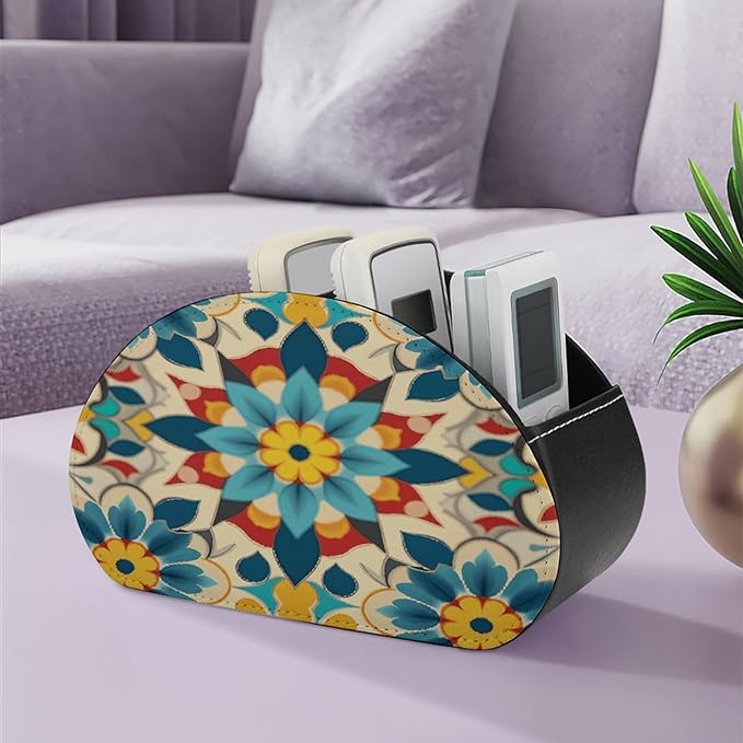 Colorful Arabic Editable File Yellow Remote Control Holder Organizer Box with 5 Compartment PU Leather Bedside Storage Caddy Remote Organizer for Controller Media Player Pen/Pencil Storage