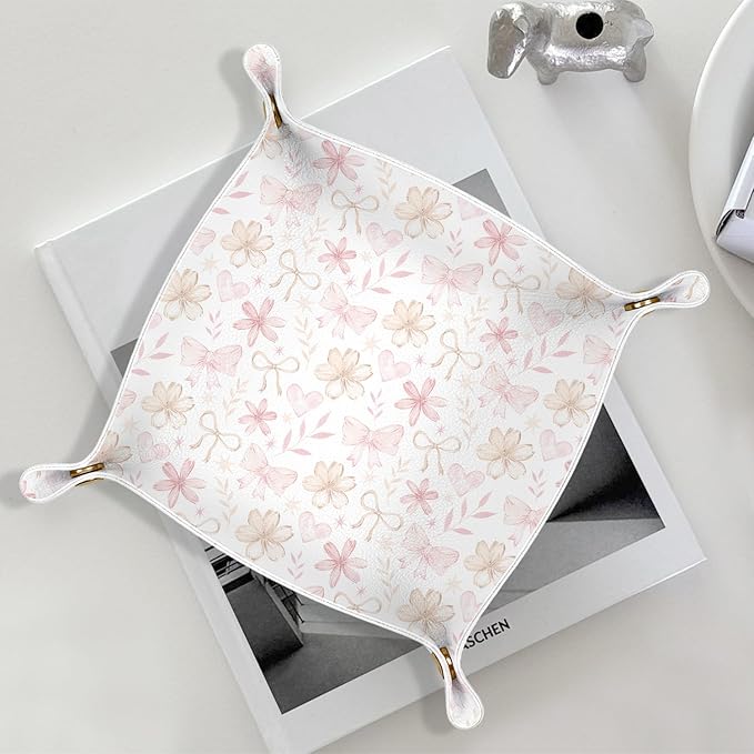 Pink Coquette Bow Floral Leather Jewelry Valet Tray, Preppy Bow Flower PU Leather Catchall Beside Caddy Nightstand Organizer Tray for Jewelry Rings Watches Keys and Accessories, 7.8x7.8inch