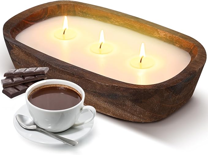 Threlaco 1 Pack 10 Inch Wood Dough Bowl Candles Home Rustic Dough Bowl Soy Candle 3 Wick Scented Candles Gifts for Men Women Farmhouse Table Centerpiece Home Decor for Christmas(Hot Cocoa)