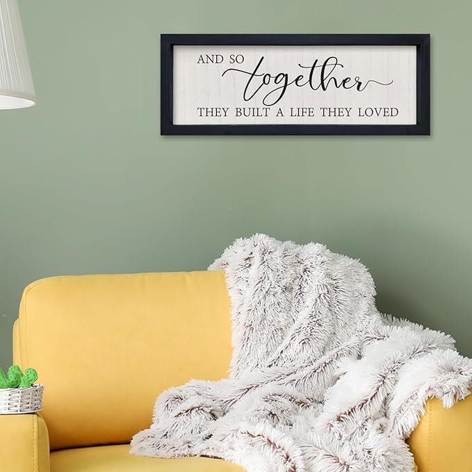 SRSZHIYUE And So Together They Built A Life They Loved Wall Decor 16"×6" Master Bedroom Above Bed Sign Wood Framed Wall Hanging Art (Black)