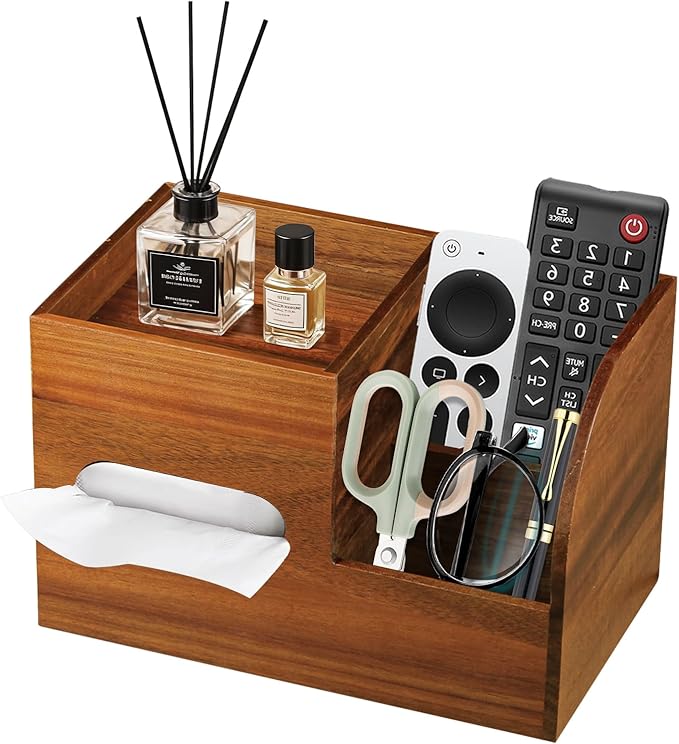 Tissue Box Cover Square, Acacia Wood Tissues Cube Box Holder with Storage Tray, Multifunctional Remote Control Holder Organizer for Bathroom, Vanity Countertop, Nightstand, Farmhouse Decor