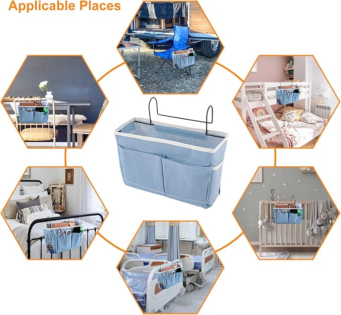 Surblue Bedside Caddy Bedside Storage Bag Hanging Organizer for Bunk, Hospital Beds, Dorm Rooms Bed Rails Camp 4 Pockets and 2 Hooks (Skyblue)